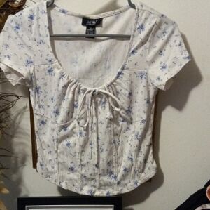 Ruffled Tie-Front Floral Crop Top — Cream with Blue Print
